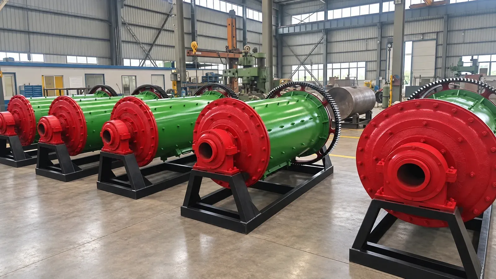 Finished ball mills on a clean factory assembly floor