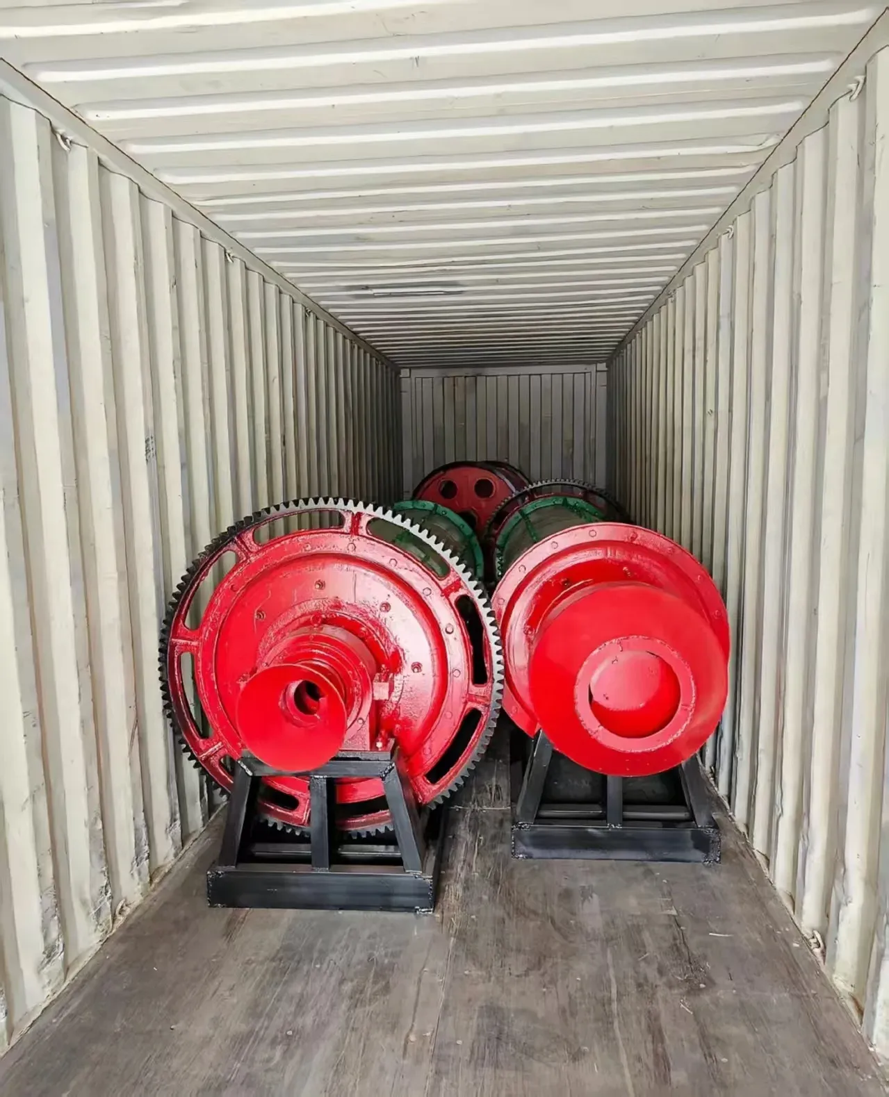 Ball mill equipment secured inside a shipping container
