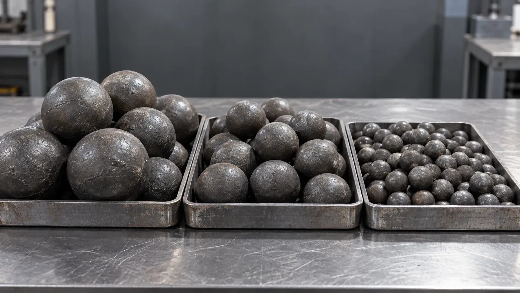 Forged steel grinding balls arranged by diameter for a graded ball-mill charge