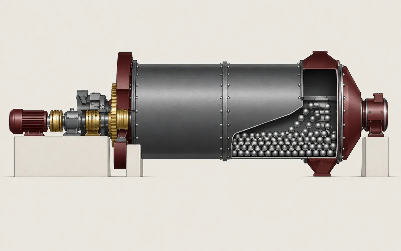 Gold ball mill cutaway diagram showing the drive, shell and steel-ball charge