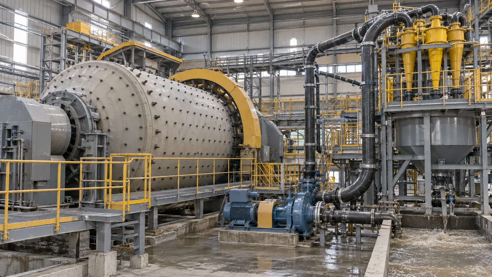 Wet gold ball mill connected to classification in a gold ore grinding circuit